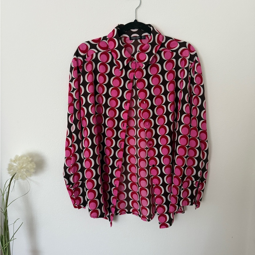 Nasty Gal Pink and Espresso Brown Geometric Blouse